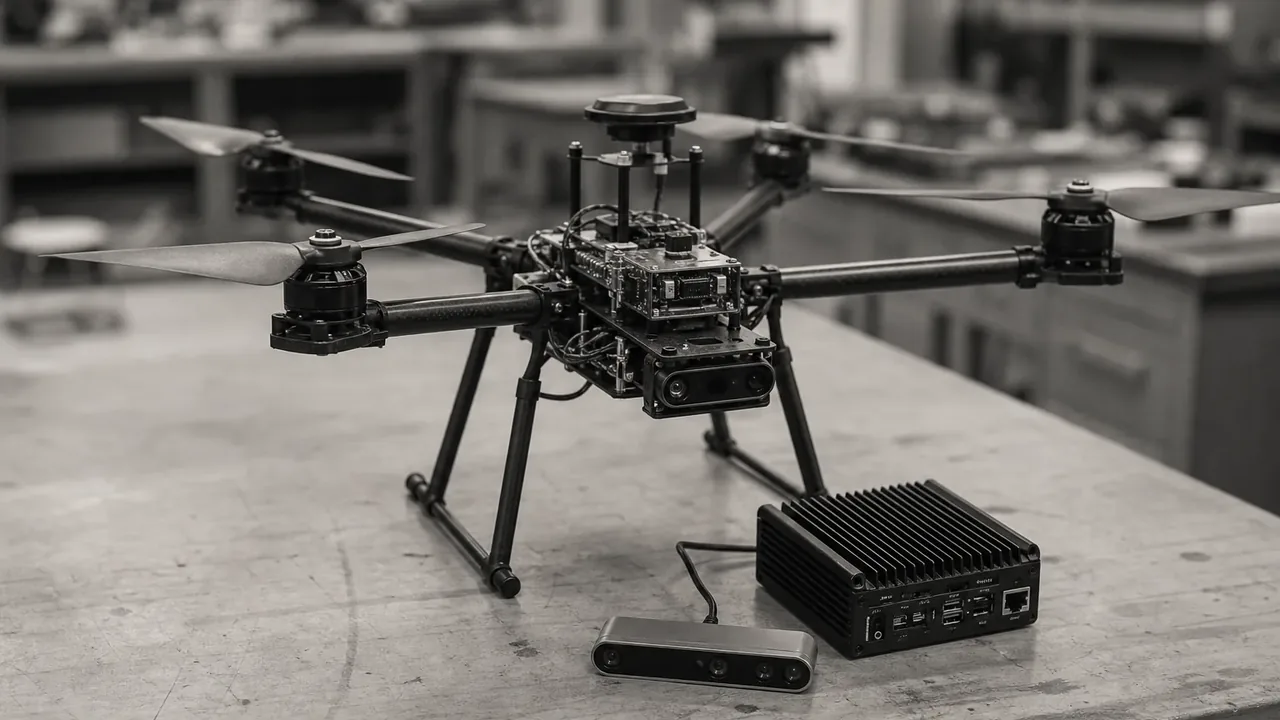 Quadcopter prototype on a lab bench with its companion computer and depth camera, the UAV hardware mid-integration