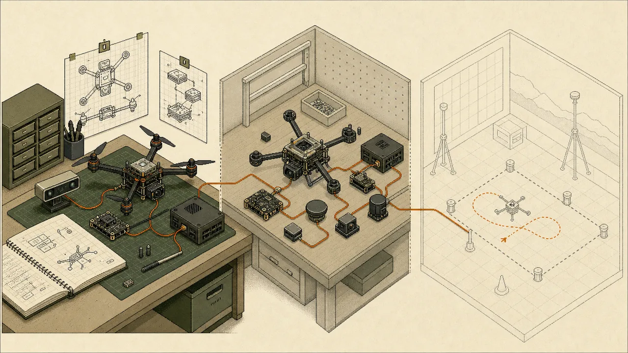 Illustrative low-resolution triptych of a UAV systems-design desk followed by integration and quiet unfinished verification scenes