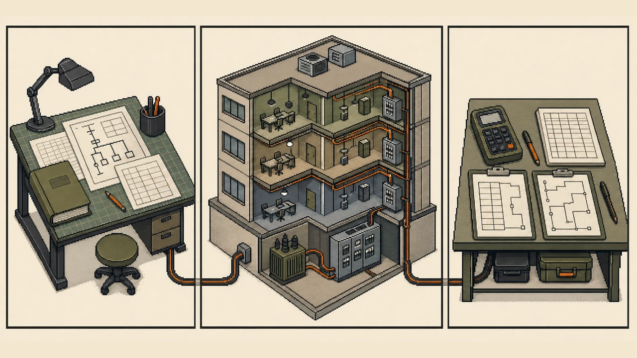 Illustrative low-resolution triptych of LV cabling work moving from standards and calculations, through a commercial-complex system design, to verification worksheets